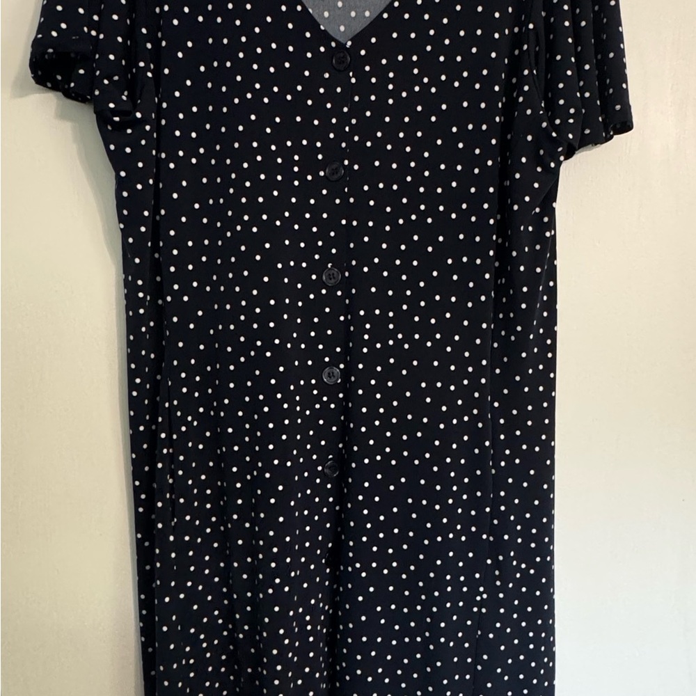 Susan Graver Liquid Knit Navy Polka Dot Button-Up Dress